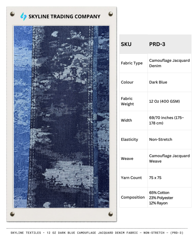 12 Oz Camouflaged Jacquard Denim Fabric sample showing faded wash effects and stitching details, SKU PRD-3.