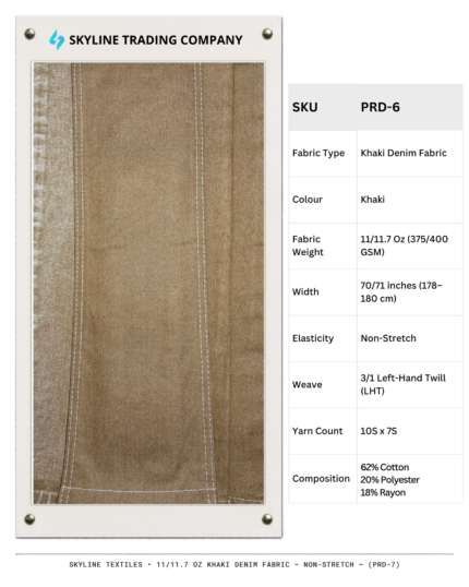 11/11.7 Oz Khaki Denim Fabric sample showing faded wash effects and stitching details, SKU PRD-6.