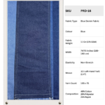 11 Oz Blue Denim Fabric sample showing faded wash effects and stitching details, SKU PRD-16.