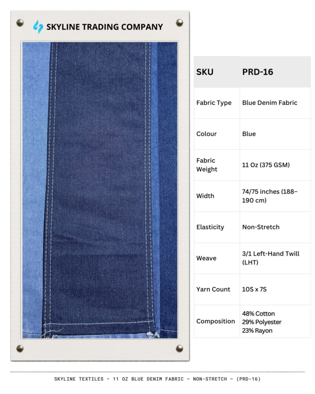 11 Oz Blue Denim Fabric sample showing faded wash effects and stitching details, SKU PRD-16.