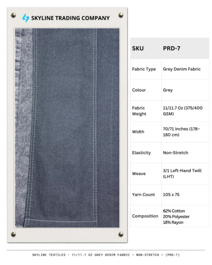 11/11.7 Oz Grey Denim Fabric sample showing faded wash effects and stitching details, SKU PRD-7.