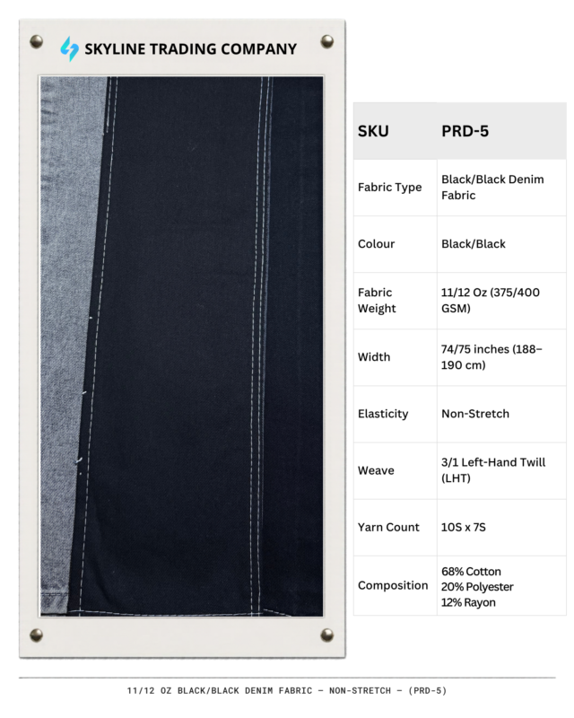 11/12 Oz Black/Black Denim Fabric sample showing faded wash effects and stitching details, SKU PRD-5.